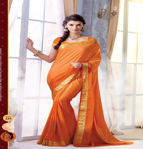 Sindoor Golden Orange Color Crepe Silk Saree - Fashion Greet Sindoor Golden Orange Color Crepe Silk Saree - Fashion Greet