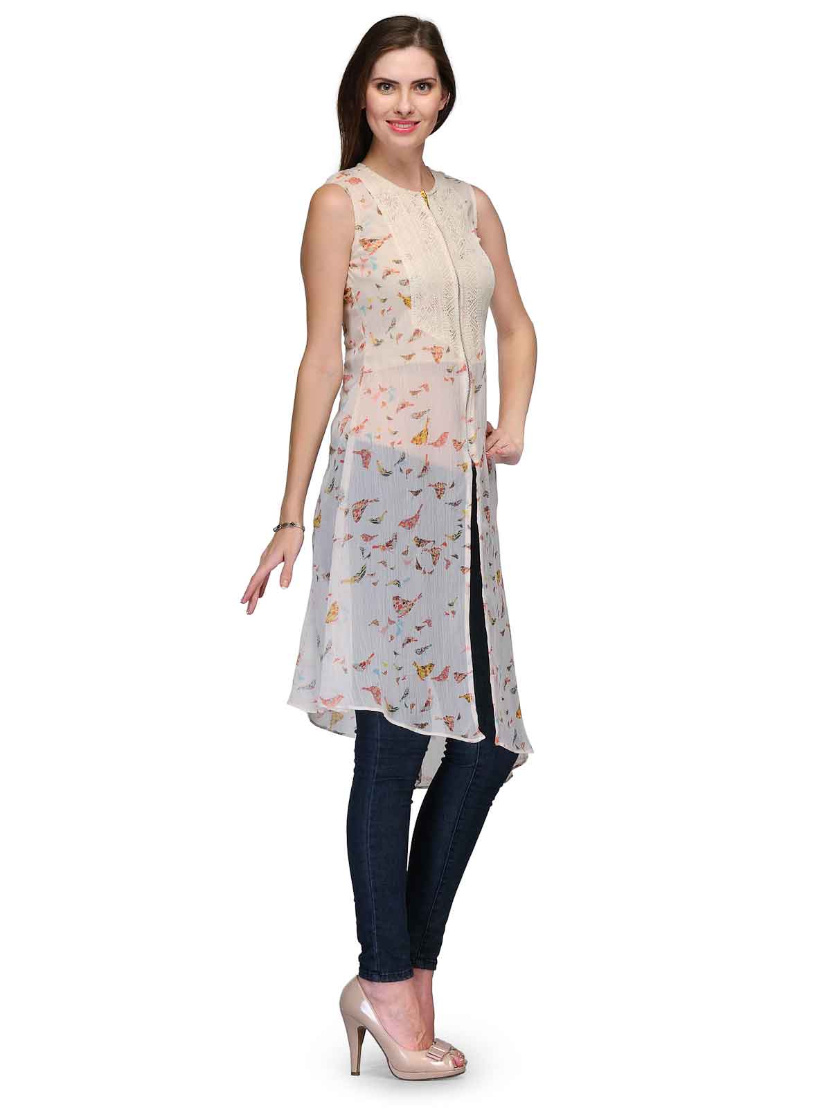 Raas Pret Stylish Bird Print Creme Chiffon Sheer Tunic - Fashion Greet Raas Pret Stylish Bird Print Creme Chiffon Sheer Tunic - Fashion Greet