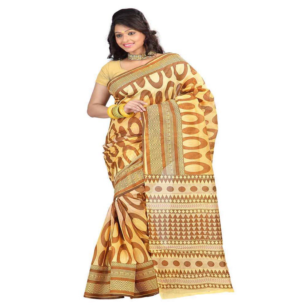 Seasons Printed Yellow & Brown Cotton Saree - Fashion Greet Seasons Printed Yellow & Brown Cotton Saree - Fashion Greet