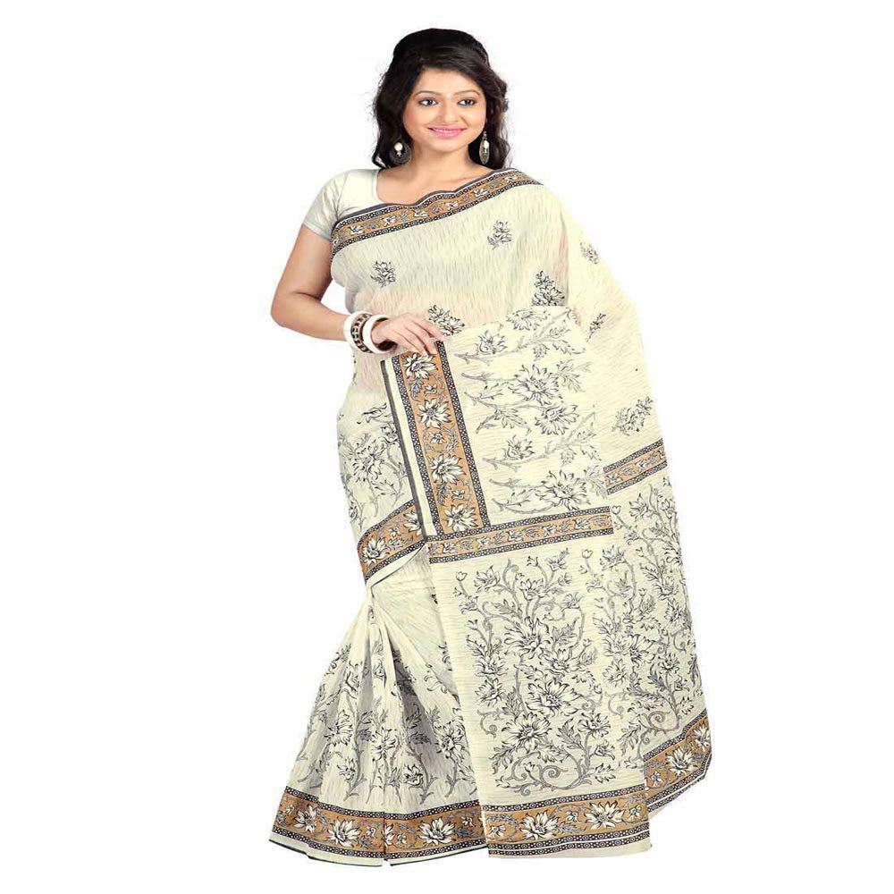 Seasons Printed Beige & Grey Cotton Saree - Fashion Greet Seasons Printed Beige & Grey Cotton Saree - Fashion Greet