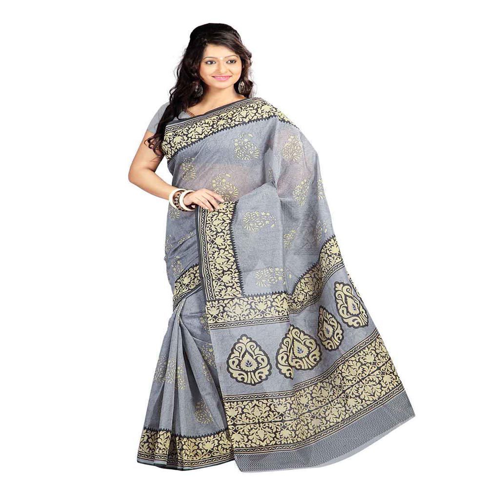 Seasons Printed Grey & Beige Cotton Saree - Fashion Greet Seasons Printed Grey & Beige Cotton Saree - Fashion Greet