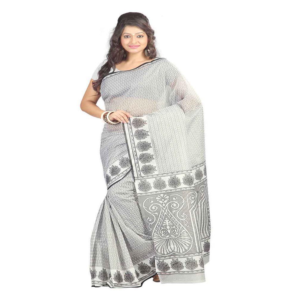 Seasons Printed White & Grey Cotton Saree - Fashion Greet Seasons Printed White & Grey Cotton Saree - Fashion Greet