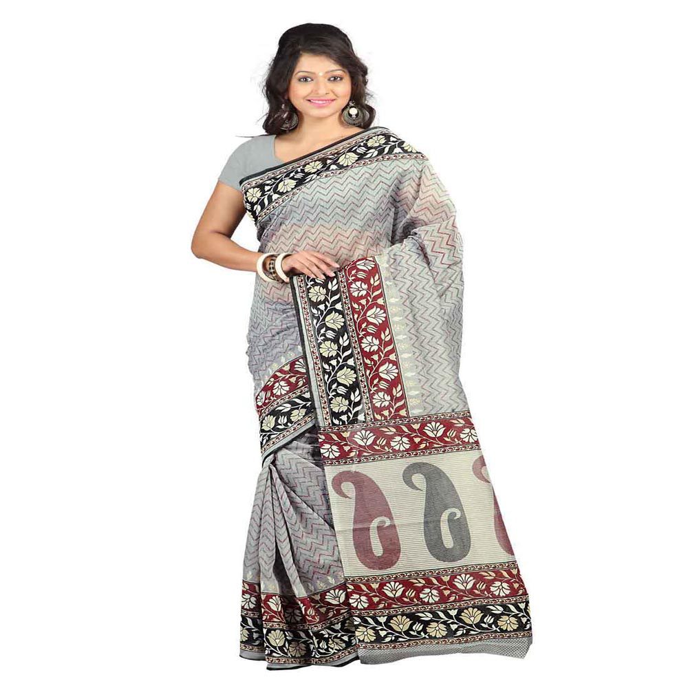 Seasons Printed Grey & Maroon Cotton Saree - Fashion Greet Seasons Printed Grey & Maroon Cotton Saree - Fashion Greet