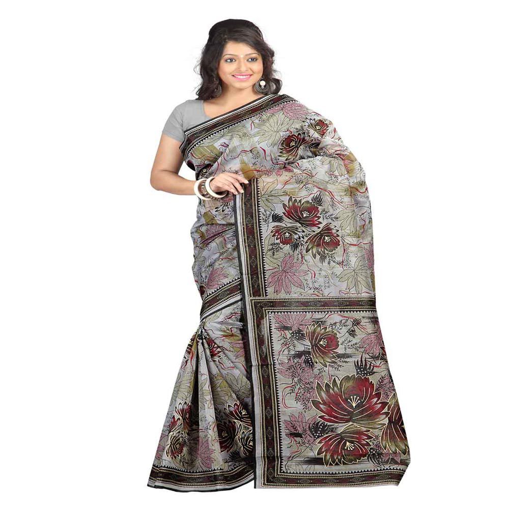 Seasons Printed Grey & Beige Cotton Saree - Fashion Greet Seasons Printed Grey & Beige Cotton Saree - Fashion Greet