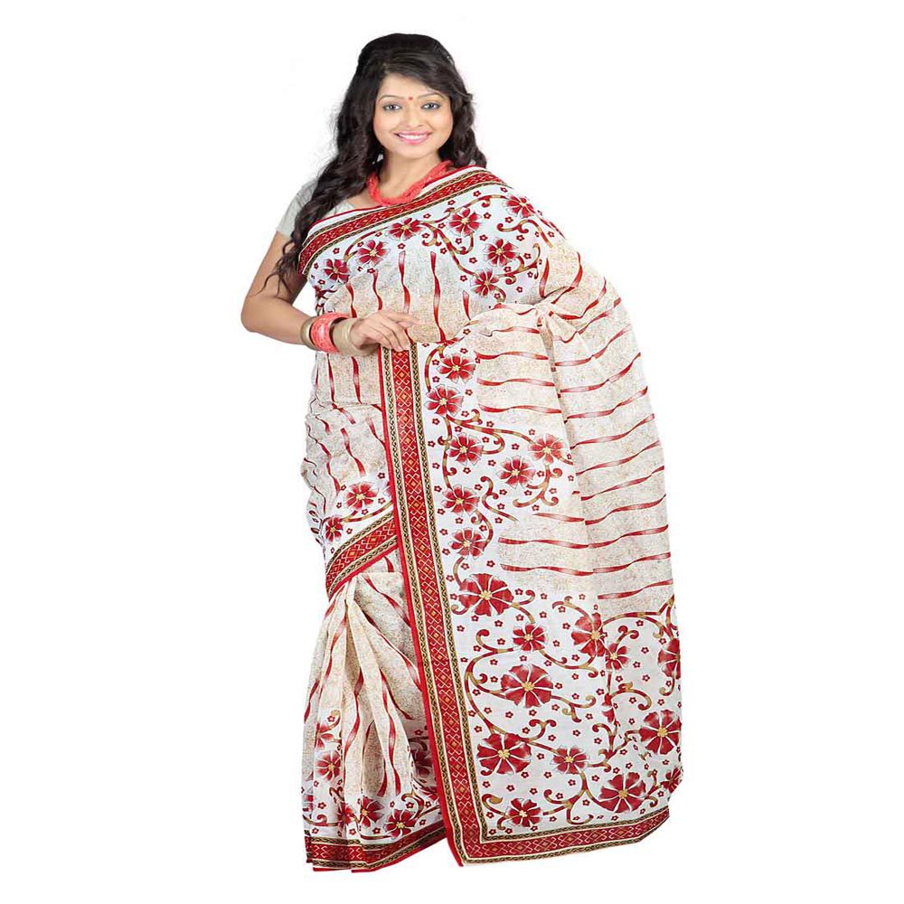 Seasons Printed Beige & White Cotton Saree - Fashion Greet Seasons Printed Beige & White Cotton Saree - Fashion Greet