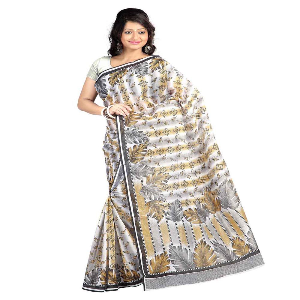Seasons Printed White & Grey Cotton Saree - Fashion Greet Seasons Printed White & Grey Cotton Saree - Fashion Greet