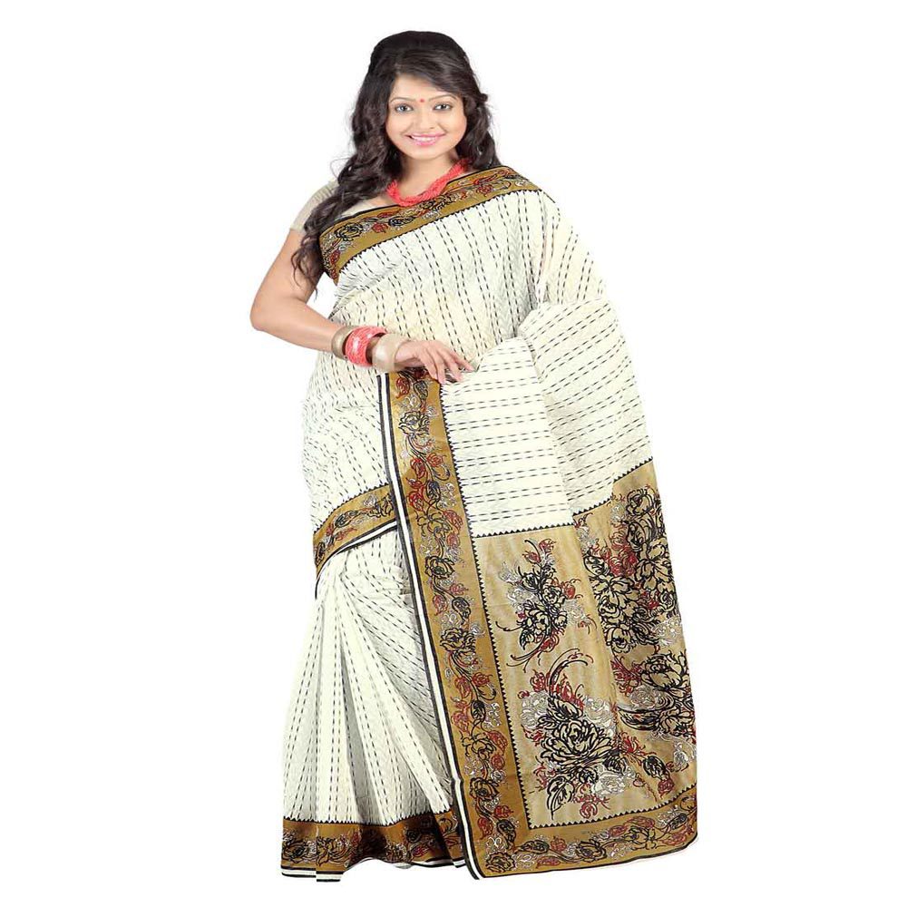 Seasons Printed White & Beige Cotton Saree - Fashion Greet Seasons Printed White & Beige Cotton Saree - Fashion Greet