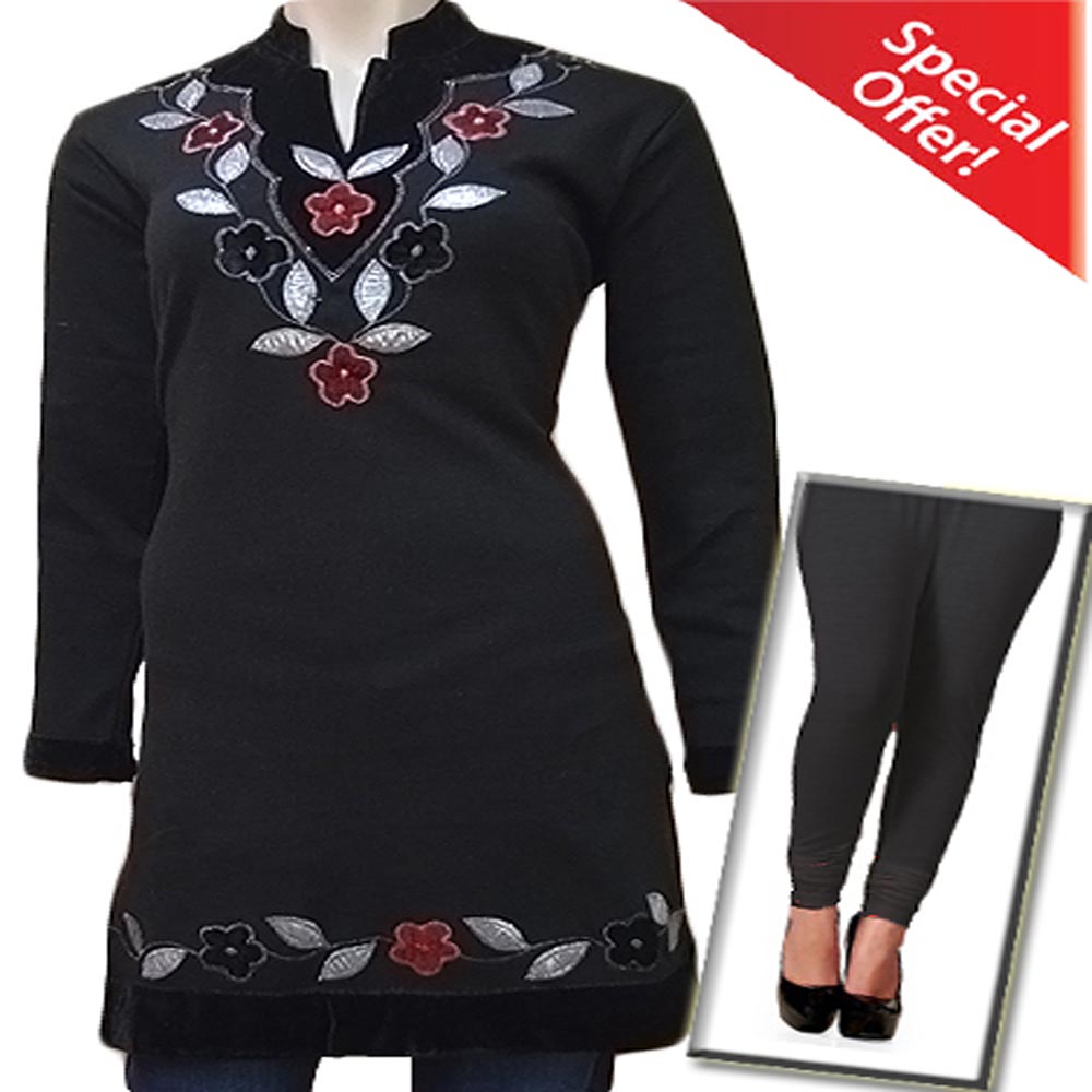 Black Velvet Flower Work Woolen Kurti with Warm Legging Special Offer-M - Fashion Greet Black Velvet Flower Work Woolen Kurti with Warm Legging Special Offer-M - Fashion Greet