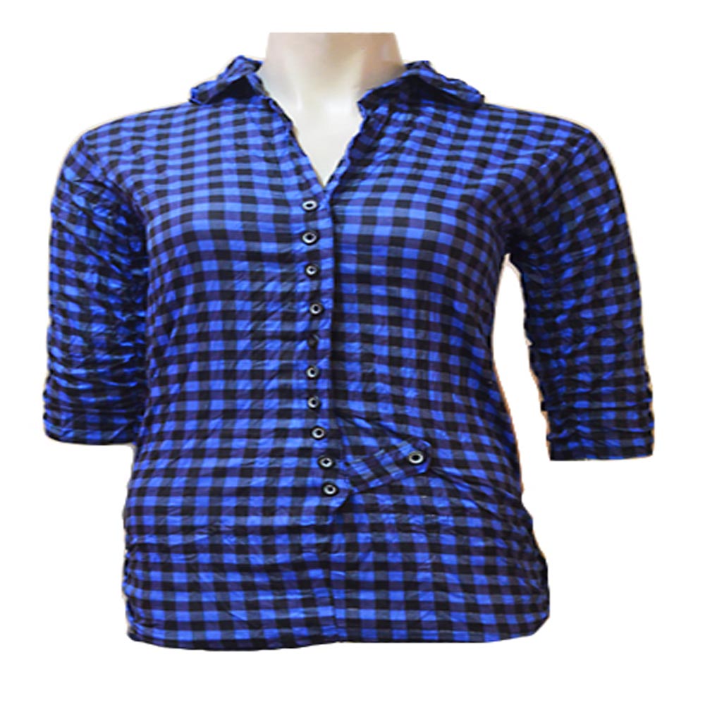 Blue Cotton Front Button Black Check Wrinkle Shirt - Fashion Greet Blue Cotton Front Button Black Check Wrinkle Shirt - Fashion Greet
