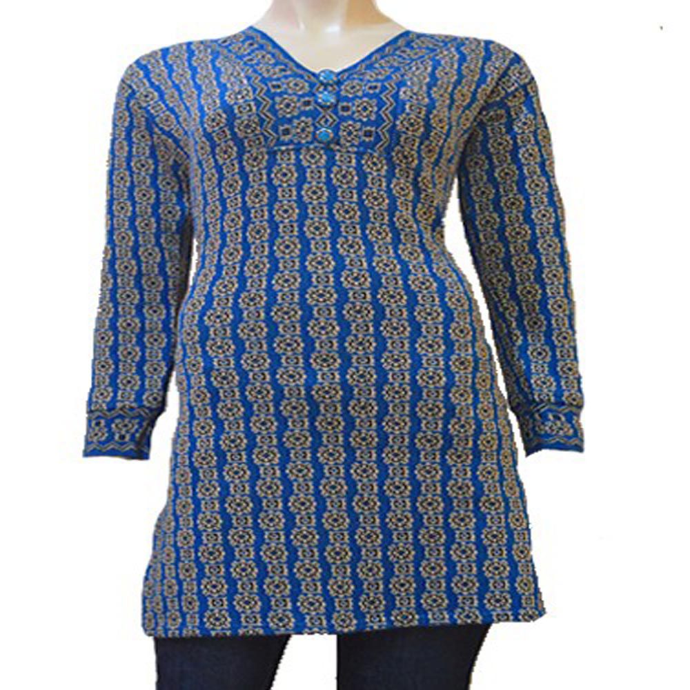 Blue Printed Buttoned Placket Woolen Kurti - Fashion Greet Blue Printed Buttoned Placket Woolen Kurti - Fashion Greet