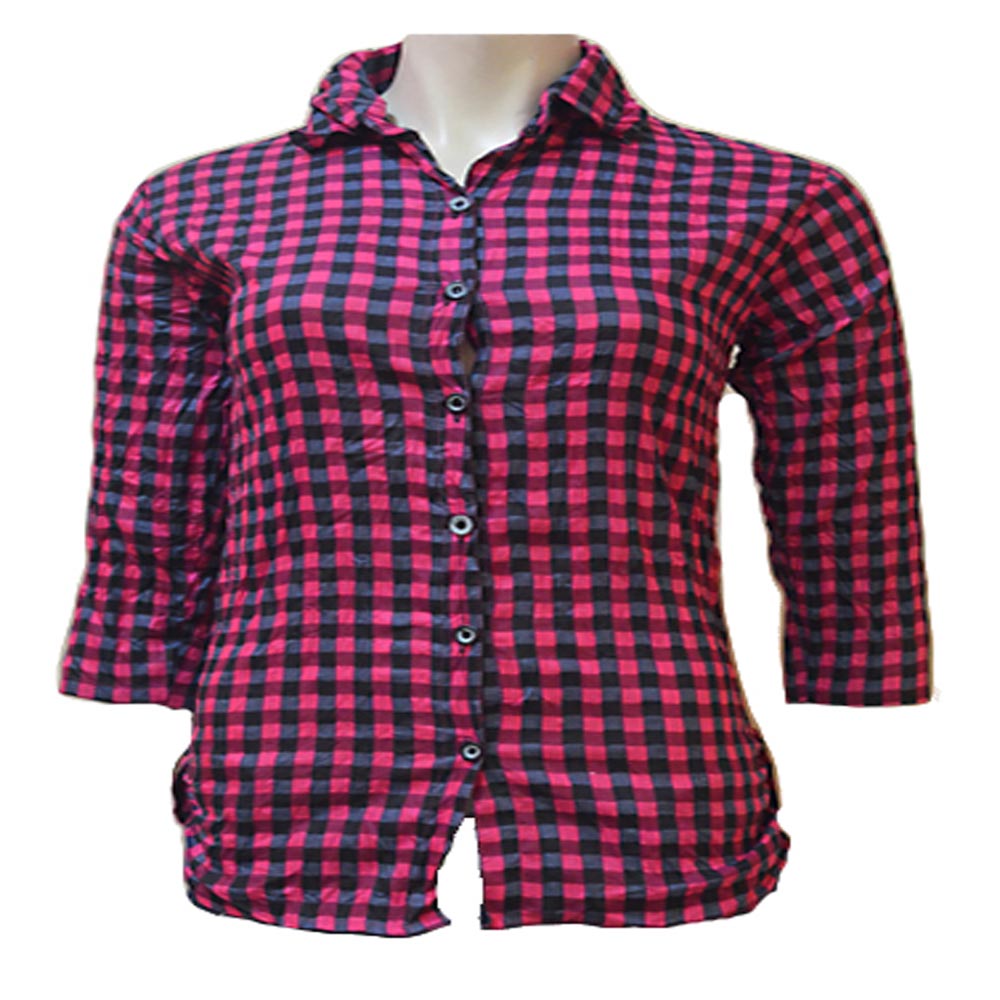Magenta Cotton Front Button Black Check Wrinkle Shirt - Fashion Greet Magenta Cotton Front Button Black Check Wrinkle Shirt - Fashion Greet
