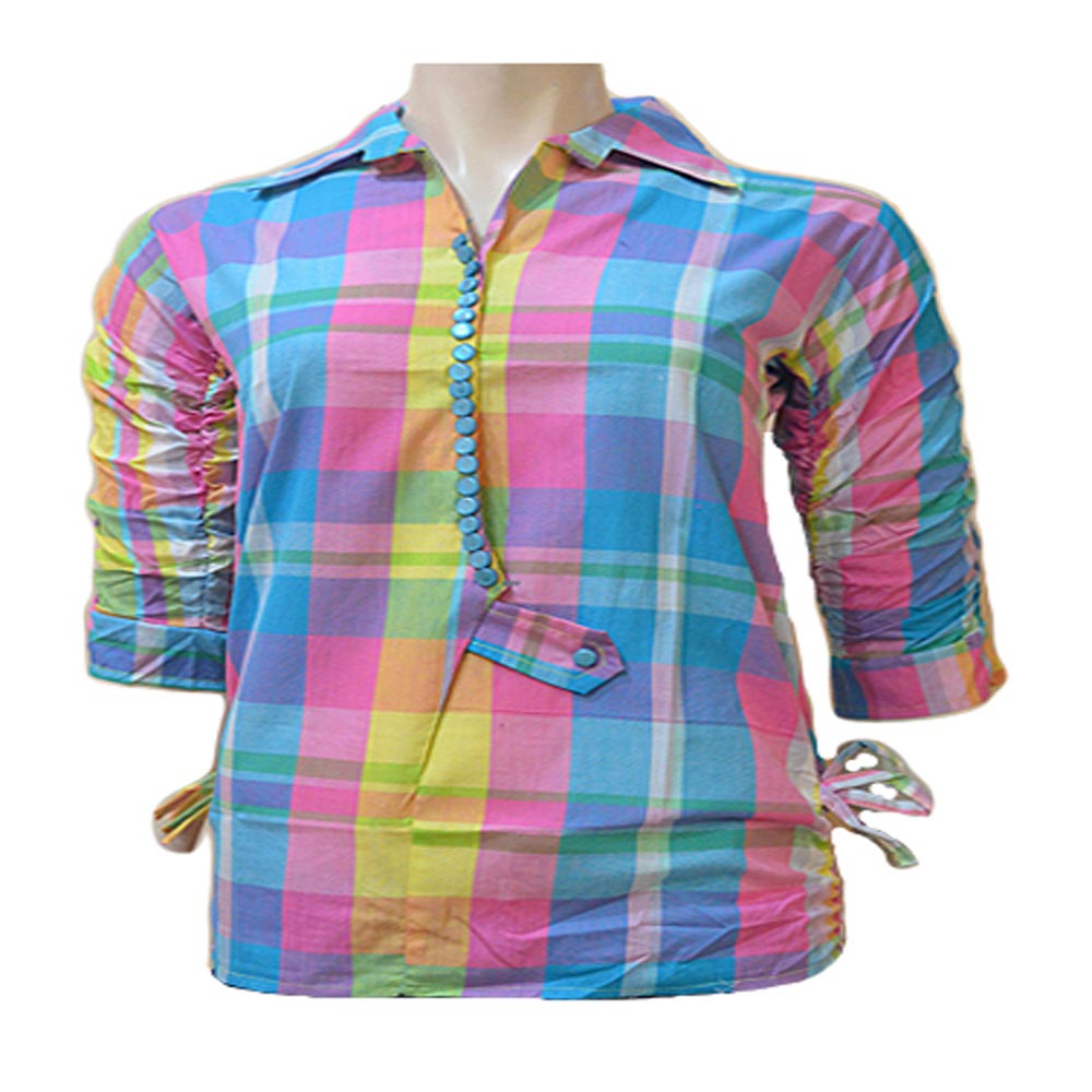 Multicoloured Plaid Cotton Three Quarter Sleeves Shirt - Fashion Greet Multicoloured Plaid Cotton Three Quarter Sleeves Shirt - Fashion Greet