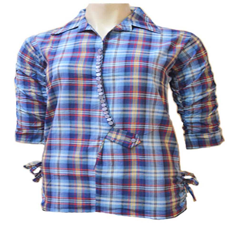 Plaid Sky Blue Three Quarter Sleeves Cotton Shirt - Fashion Greet Plaid Sky Blue Three Quarter Sleeves Cotton Shirt - Fashion Greet