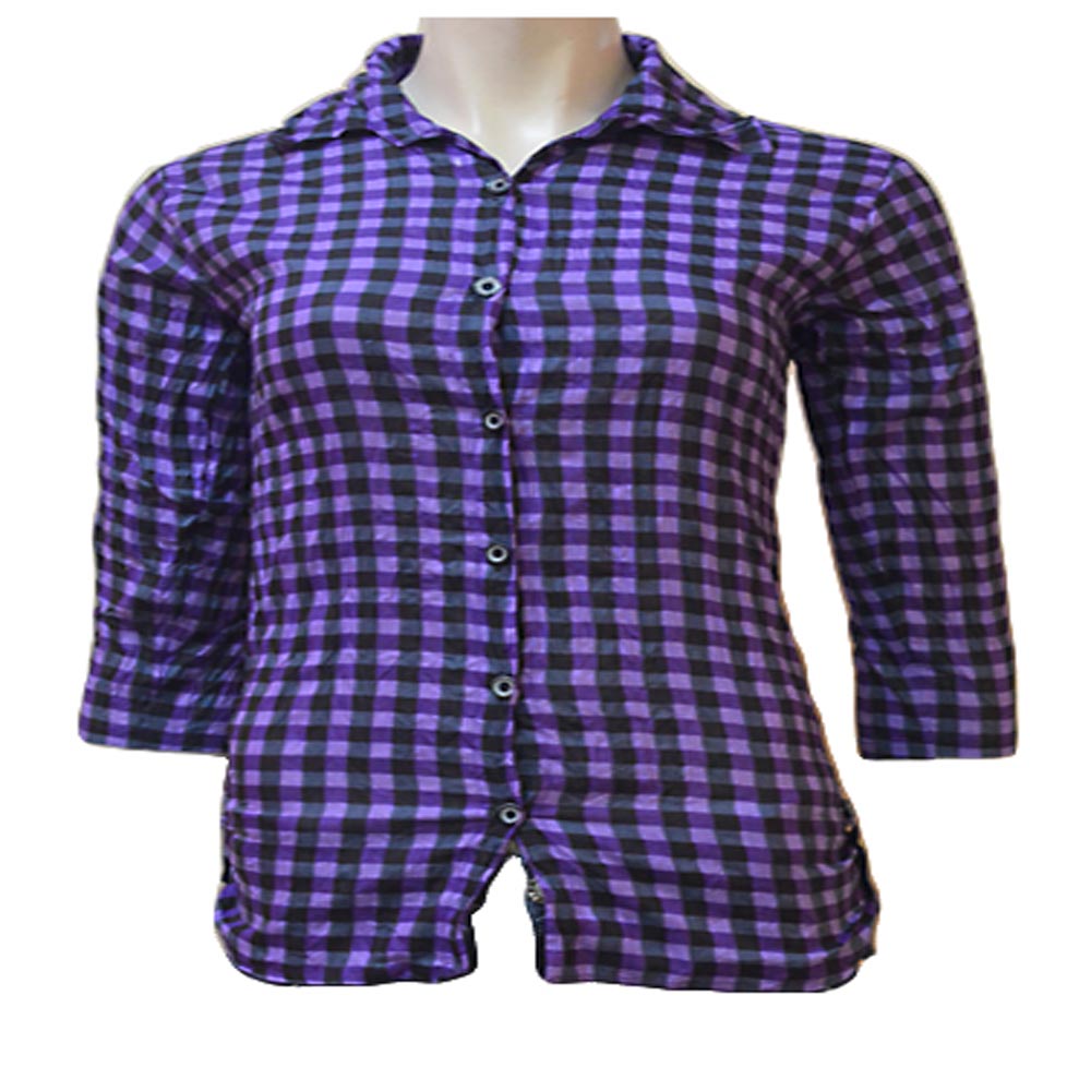 Purple Cotton Front Button Black Check Wrinkle Shirt - Fashion Greet Purple Cotton Front Button Black Check Wrinkle Shirt - Fashion Greet