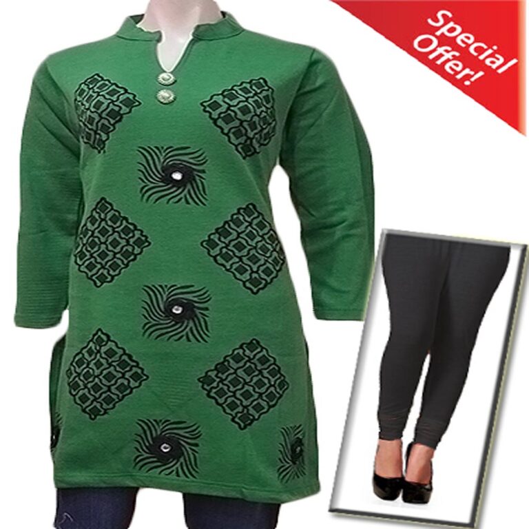 Special Offer-Green Square Design Woolen Kurti with Warm Winter Legging-M