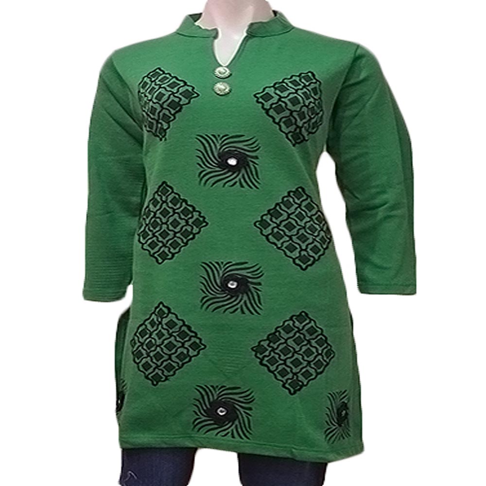 Square Design Full Sleeves Green Nehru Collar Woolen Kurti - Fashion Greet Square Design Full Sleeves Green Nehru Collar Woolen Kurti - Fashion Greet
