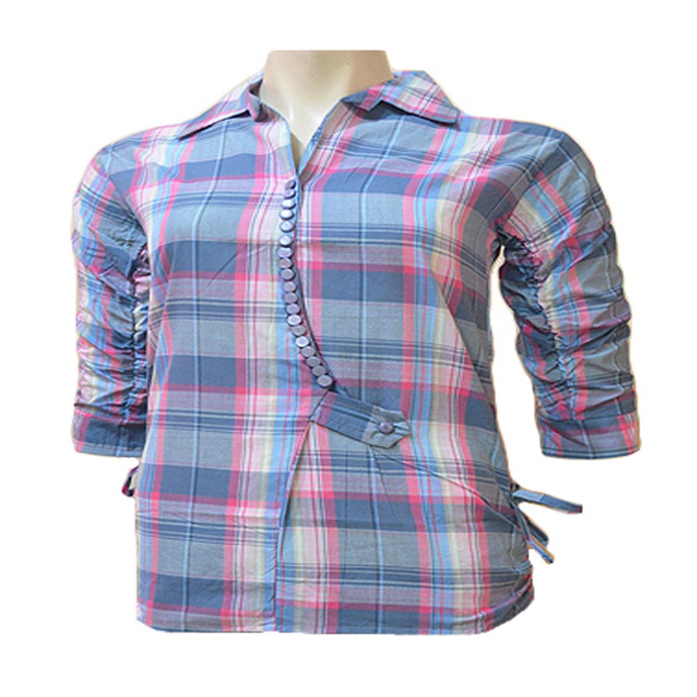 Three Quarter Sleeves Pink Greyish Blue Plaid Cotton Shirt - Fashion Greet Three Quarter Sleeves Pink Greyish Blue Plaid Cotton Shirt - Fashion Greet