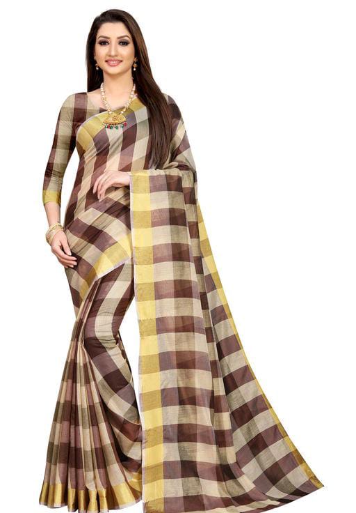 Alisha Brown Check Petite Cotton Printed Sarees - Fashion Greet Alisha Brown Check Petite Cotton Printed Sarees - Fashion Greet