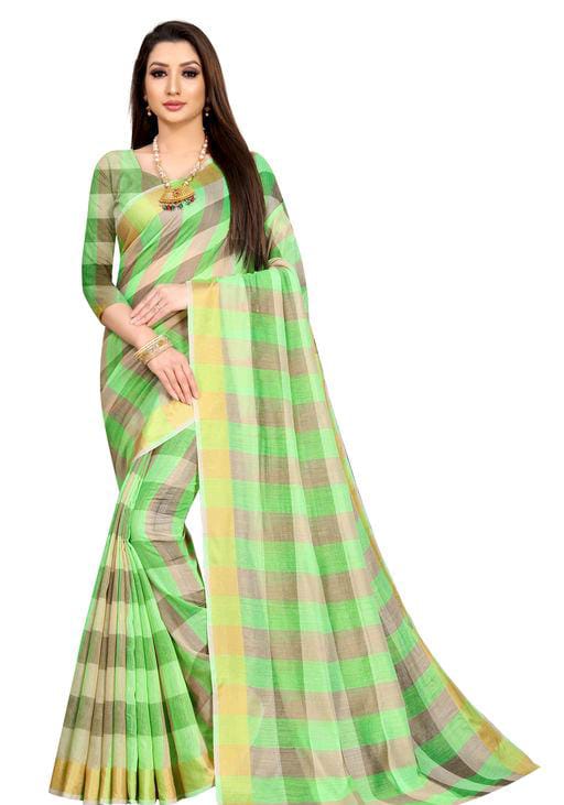 Alisha Green Check Petite Cotton Printed Sarees - Fashion Greet Alisha Green Check Petite Cotton Printed Sarees - Fashion Greet