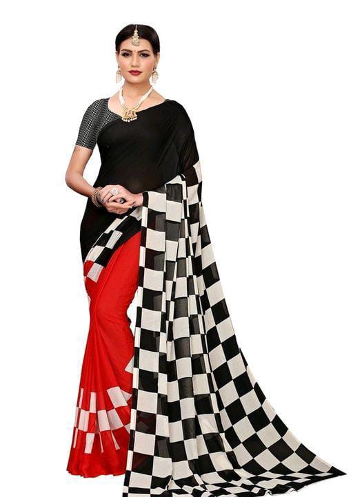 Aishani Fashionable Black Red Check Sarees - Fashion Greet Aishani Fashionable Black Red Check Sarees - Fashion Greet