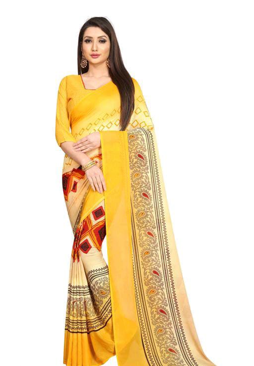 Charvi Graceful Georgette Yellow Printed Sarees - Fashion Greet Charvi Graceful Georgette Yellow Printed Sarees - Fashion Greet