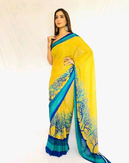 Adrika Georgette Yellow Printed Sarees - Fashion Greet Adrika Georgette Yellow Printed Sarees - Fashion Greet