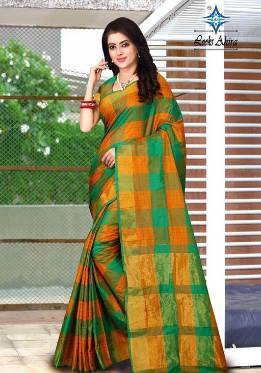 Aakarsha Alluring Green Check Cotton Silk Sarees - Fashion Greet Aakarsha Alluring Green Check Cotton Silk Sarees - Fashion Greet