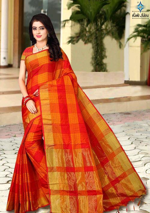 Aakarsha Orange Check Cotton Silk Sarees - Fashion Greet Aakarsha Orange Check Cotton Silk Sarees - Fashion Greet