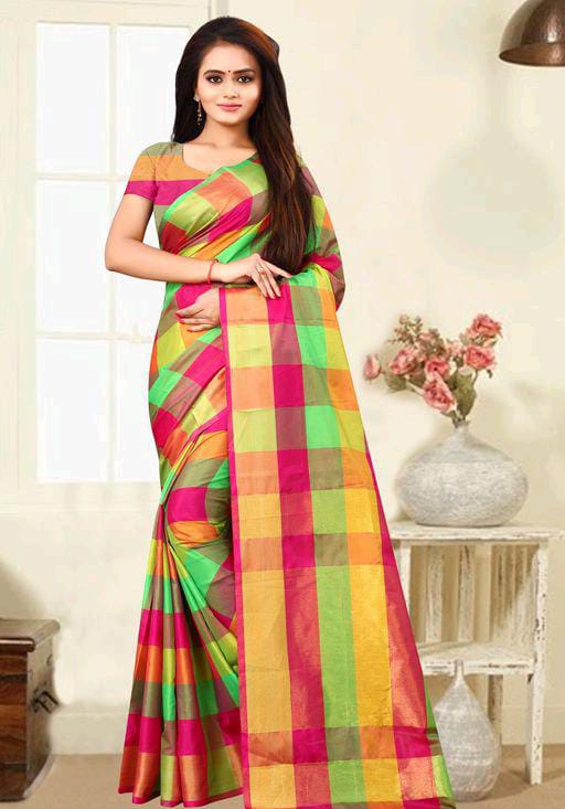 Aakarsha Multi Check Cotton Silk Sarees - Fashion Greet Aakarsha Multi Check Cotton Silk Sarees - Fashion Greet