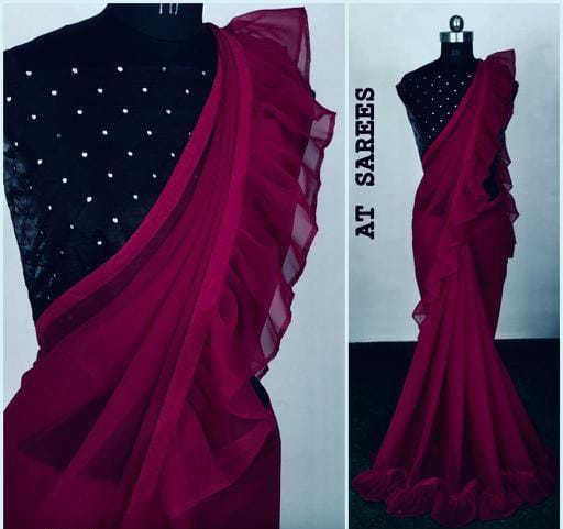 Classy Purple Georgette Sarees with Ruffle - Fashion Greet Classy Purple Georgette Sarees with Ruffle - Fashion Greet