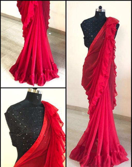 Classic Maroon Georgette Sarees with Ruffle - Fashion Greet Classic Maroon Georgette Sarees with Ruffle - Fashion Greet