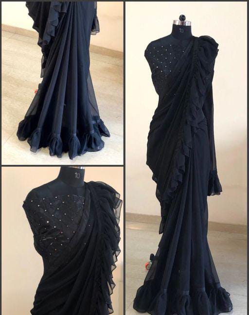 Best Black Georgette Sarees with Ruffle - Fashion Greet Best Black Georgette Sarees with Ruffle - Fashion Greet