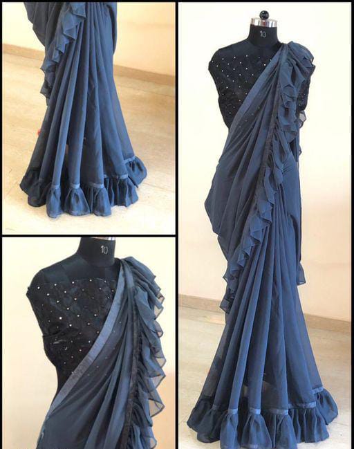 Grey Georgette Sarees with Ruffle - Fashion Greet Grey Georgette Sarees with Ruffle - Fashion Greet