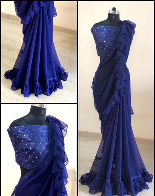 Classy Blue Georgette Sarees with Ruffle - Fashion Greet Classy Blue Georgette Sarees with Ruffle - Fashion Greet