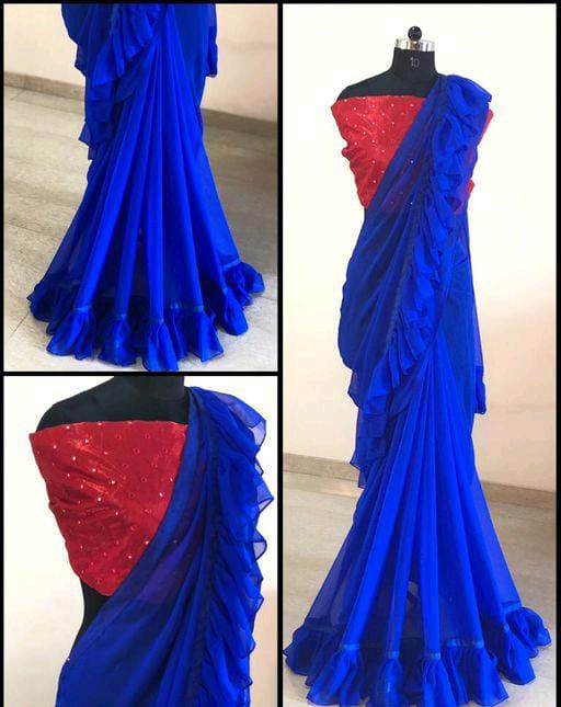 Blue Georgette Sarees with Ruffle - Fashion Greet Blue Georgette Sarees with Ruffle - Fashion Greet