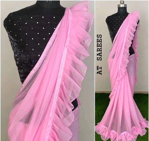 Pink Georgette Sarees with Ruffle - Fashion Greet Pink Georgette Sarees with Ruffle - Fashion Greet