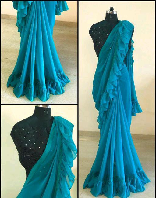 Classy Georgette Blue Sarees with Ruffle - Fashion Greet Classy Georgette Blue Sarees with Ruffle - Fashion Greet