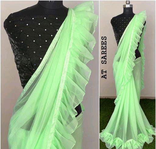 Classy Georgette Green Sarees with Ruffle - Fashion Greet Classy Georgette Green Sarees with Ruffle - Fashion Greet