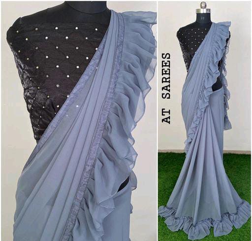 Classy Georgette Grey Sarees with Ruffle - Fashion Greet Classy Georgette Grey Sarees with Ruffle - Fashion Greet