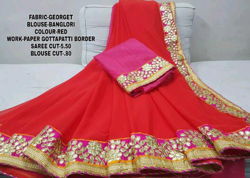Paper Gota Patti Border Red With Pipin Georgette Sarees - Fashion Greet Paper Gota Patti Border Red With Pipin Georgette Sarees - Fashion Greet