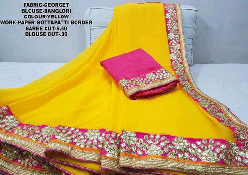 Paper Gota Patti Border Yellow With Pipin Georgette Sarees - Fashion Greet Paper Gota Patti Border Yellow With Pipin Georgette Sarees - Fashion Greet