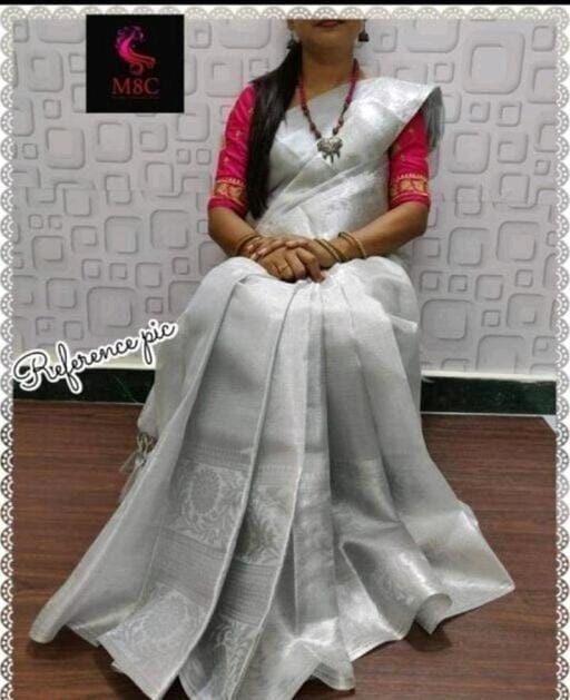 Grey Tissue Tassels and Latkans Saree With Blouse - Grey color