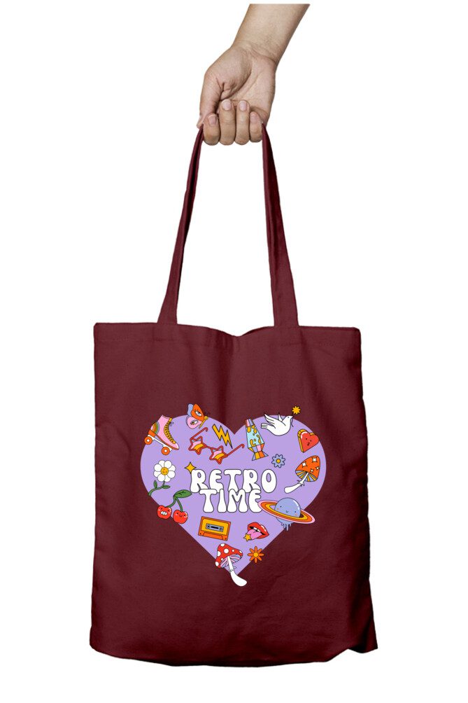 Tote Bag with Zipper – Retro Time with Hearty Design - Fashion Greet