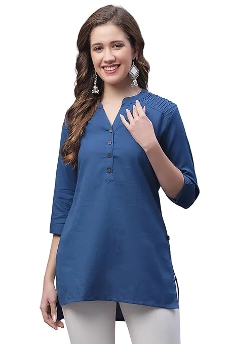 Blue Women’s Cotton Short Kurti - Fashion Greet