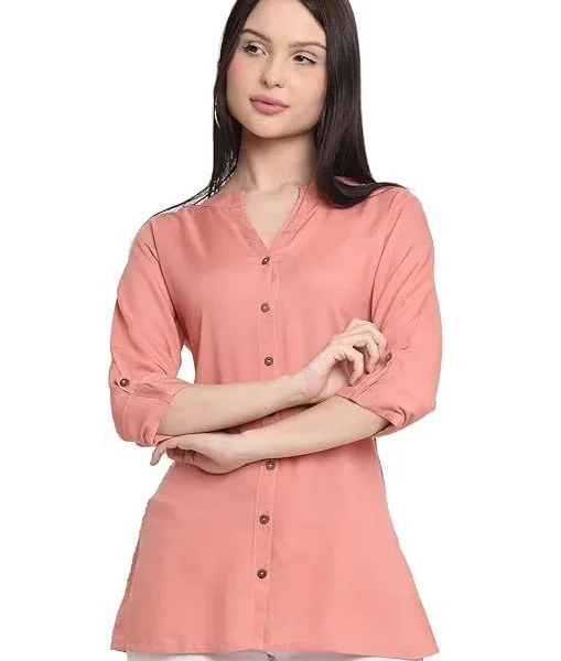 Pink Women's Rayon Solid Top Kurti