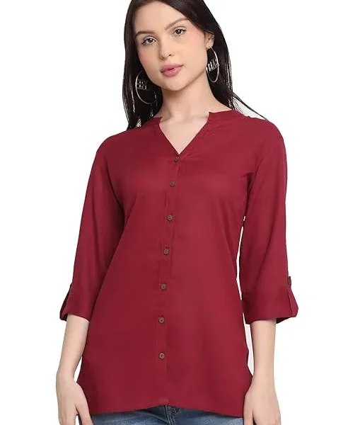 Maroon Women's Rayon Solid Top Kurti