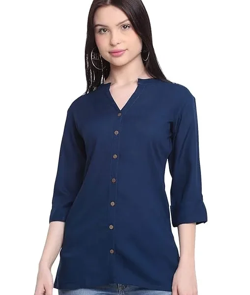 Navy Women's Rayon Solid Top Kurti